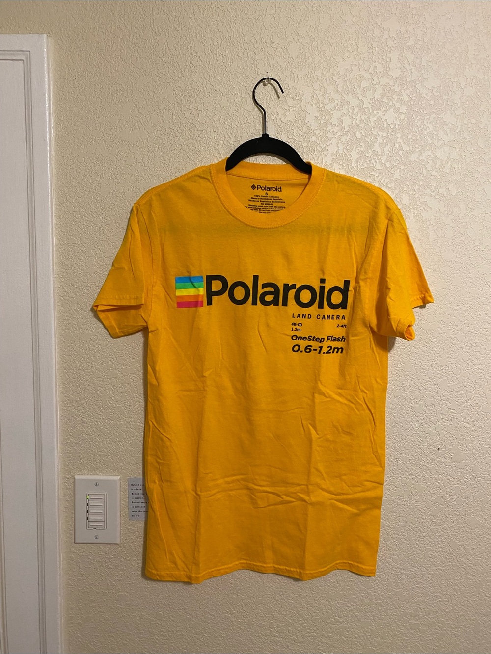 POLAROID. Bright Yellow Logo Tee with Rainbow Accent